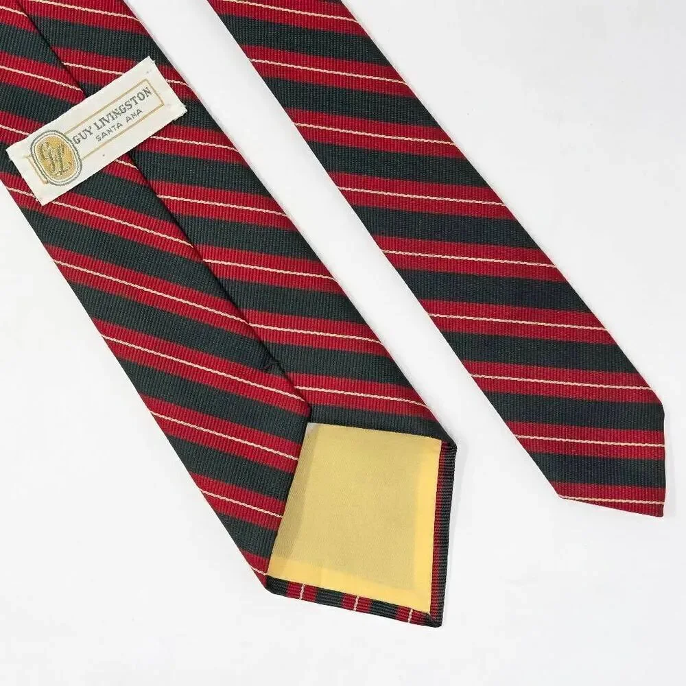 GUY LIVINGSTON SANTA ANA SILK POLY TIE RED GREEN REGIMENTAL STRIPE 3.25